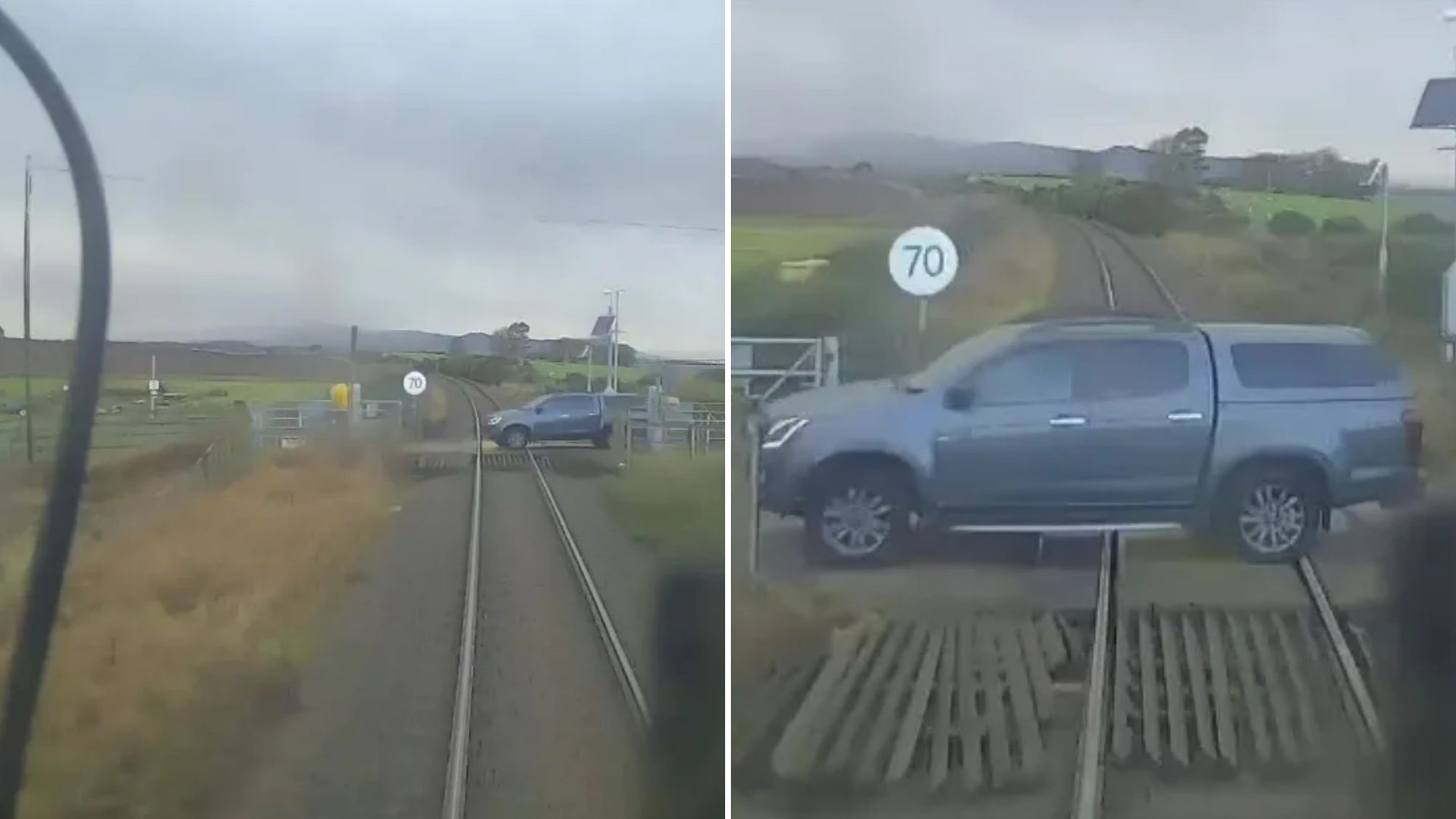 Terrifying moment Scots train ploughs into pick-up truck at level crossing