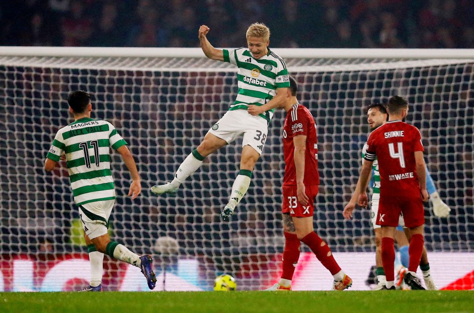 Celtic's Daizen Maeda celebrates scoring one of his three goals against Aberdeen in the other semi-final of the competition