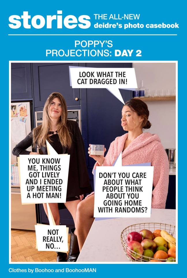 Deidre's photo casebook: Poppy's Projections, Day 2. Two women discuss a night out.