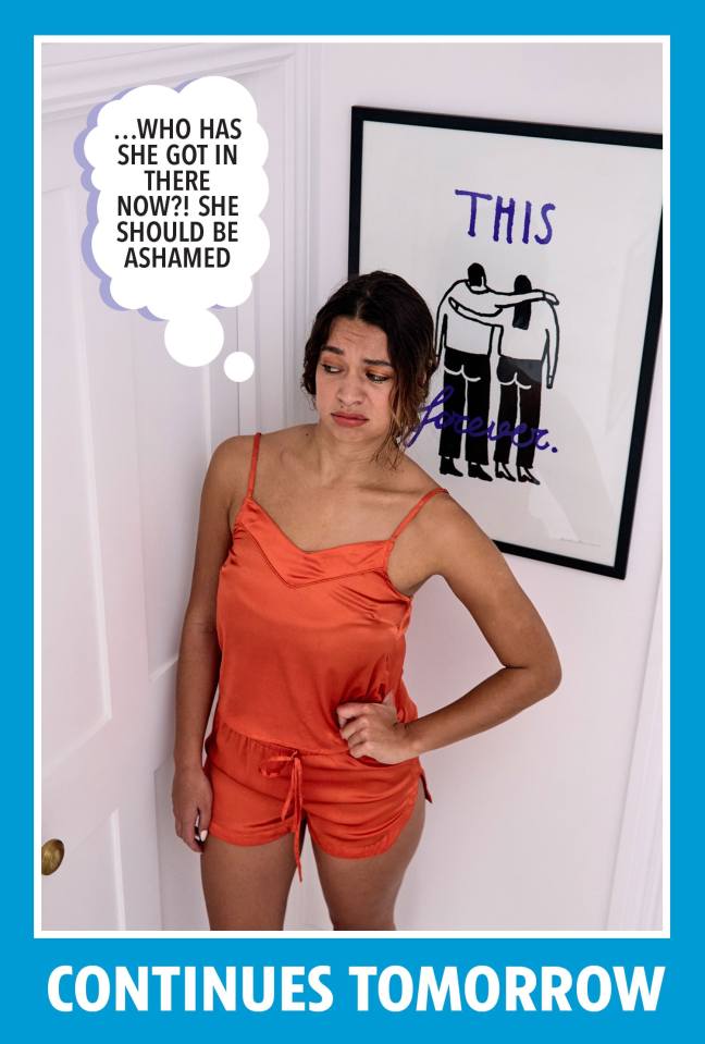 Woman in orange pajamas looks upset; a thought bubble shows judgmental text; a framed print shows two figures embracing.  Continues tomorrow.