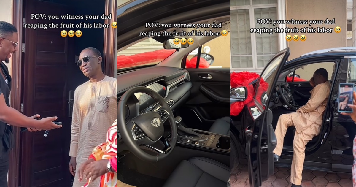 Nigerian father reaps the fruit of his labour as his kids buy him a brand new car (WATCH)