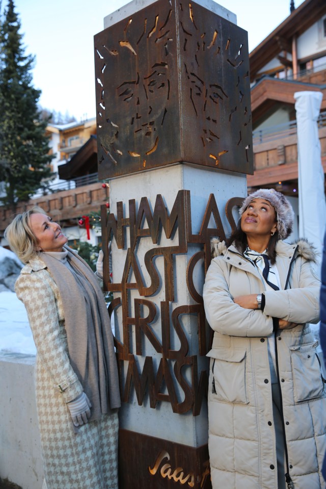 Shirlie and Pepsi at artwork commemorating Last Christmas in Saas-Fee