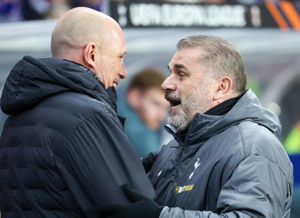 Rangers manager Philippe Clement (L) and Tottenham manager Ange Postecoglou before the match