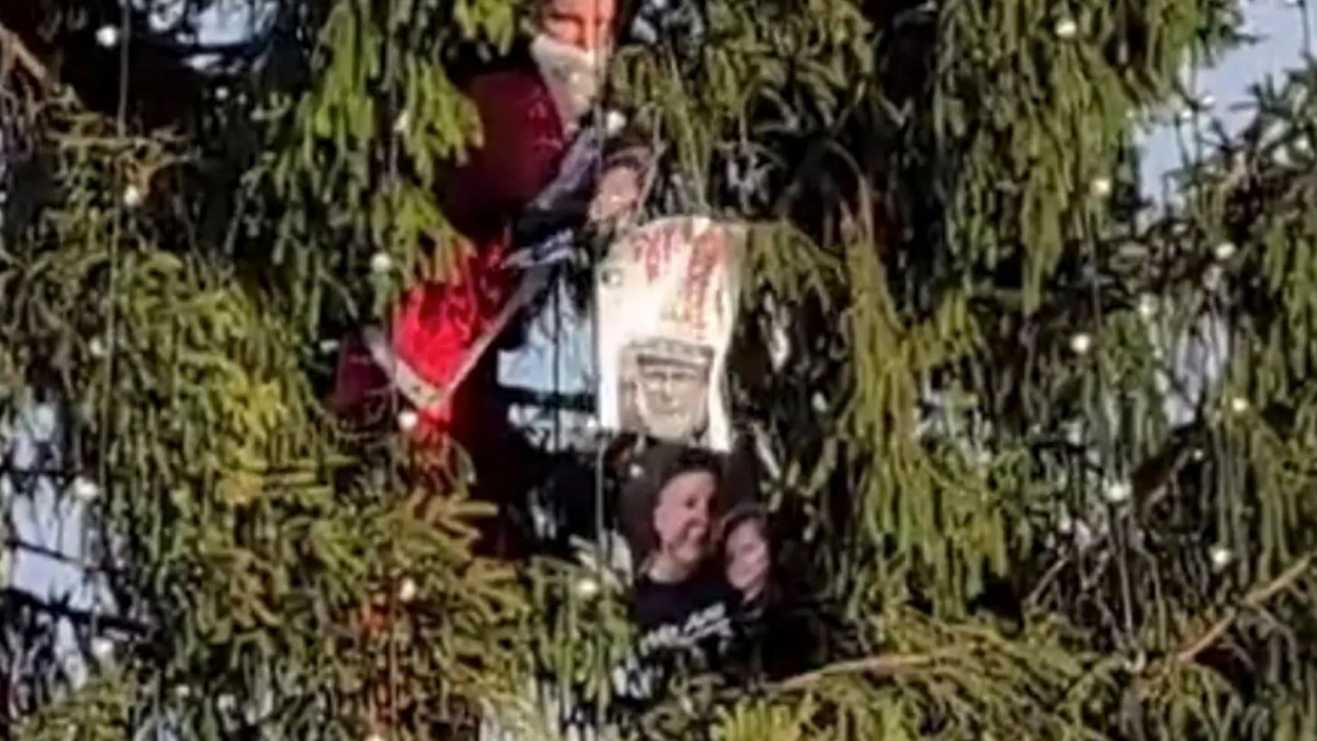 Protester dressed as Santa Claus climbs Christmas tree in Trafalgar Square - with a message for Keir Starmer