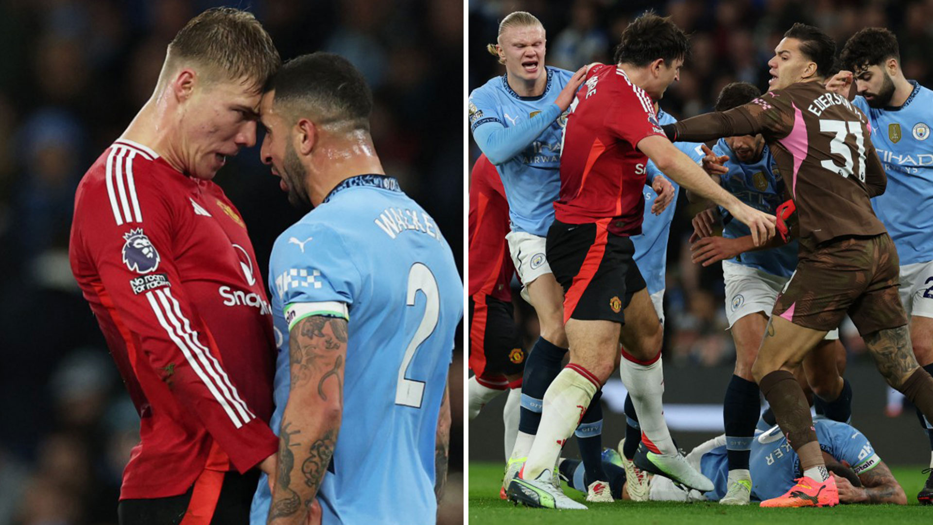 Fuming Harry Maguire confronts Kyle Walker in huge row as Man Utd's clash at Man City descends into chaos