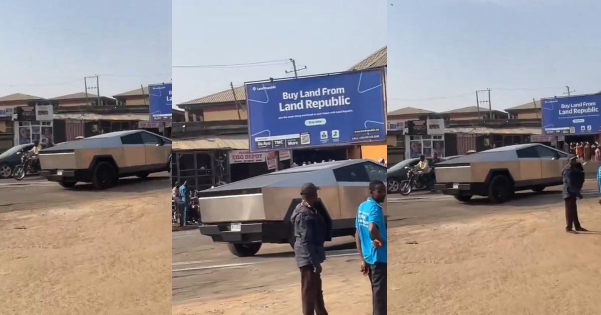 "E reach Naija the car nor fine again" – Nigerians react to viral video of a Tesla Cybertruck spotted in Ibadan (VIDEO)