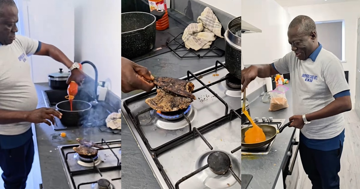 Nigerian father warms hearts with cooking skills after visiting his daughter for Omugwo (WATCH)