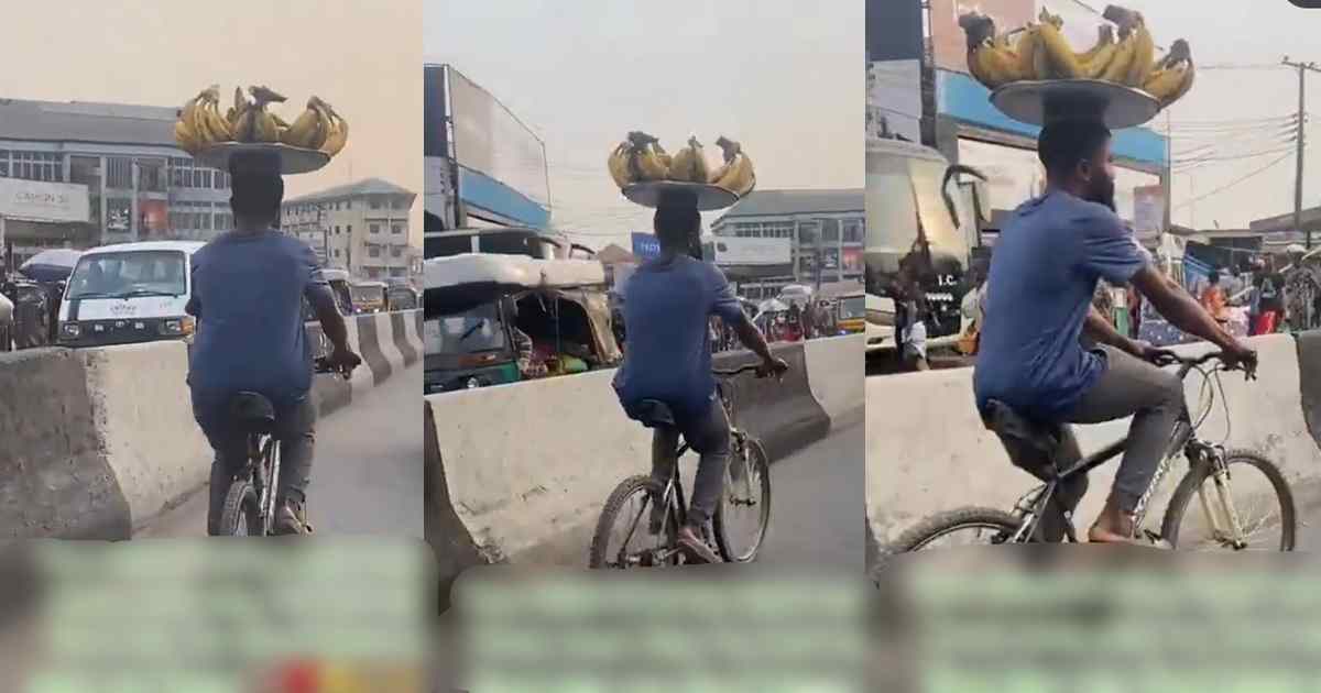 Viral video of man riding bicycle while hawking plantains sp@rks reactions online (WATCH)