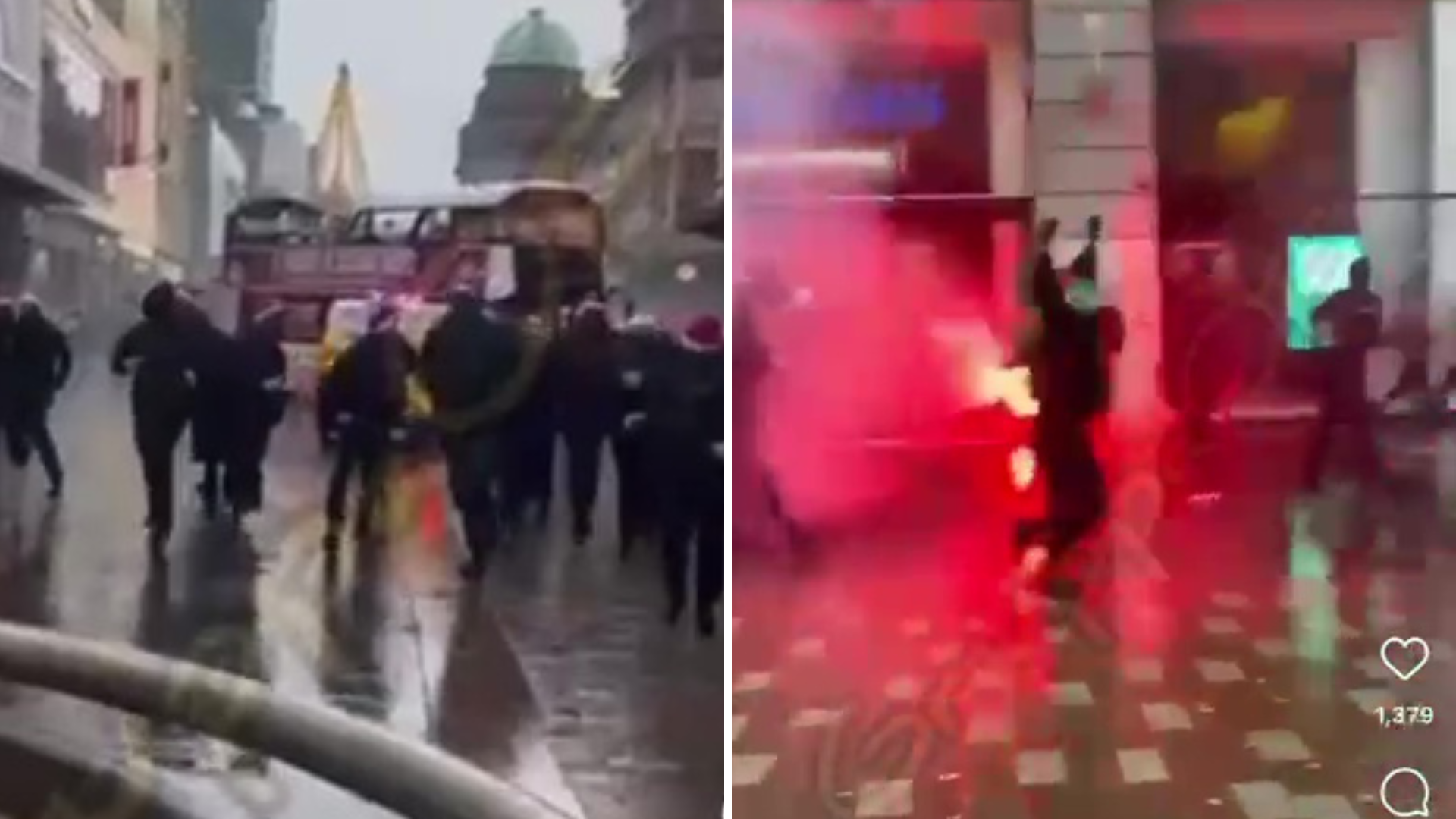 Celtic and Rangers thugs throw FIREWORKS at each other in terrifying scenes as Christmas shoppers caught up in madness