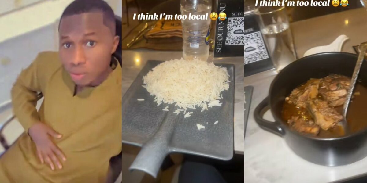 Man surprised after being served plate of rice on shovel at a restaurant