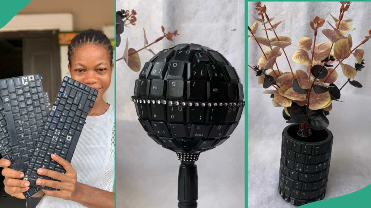 Talented Nigerian Lady Uses Old Computer Keyboards To Create Beautiful Items Such As Flower Pots