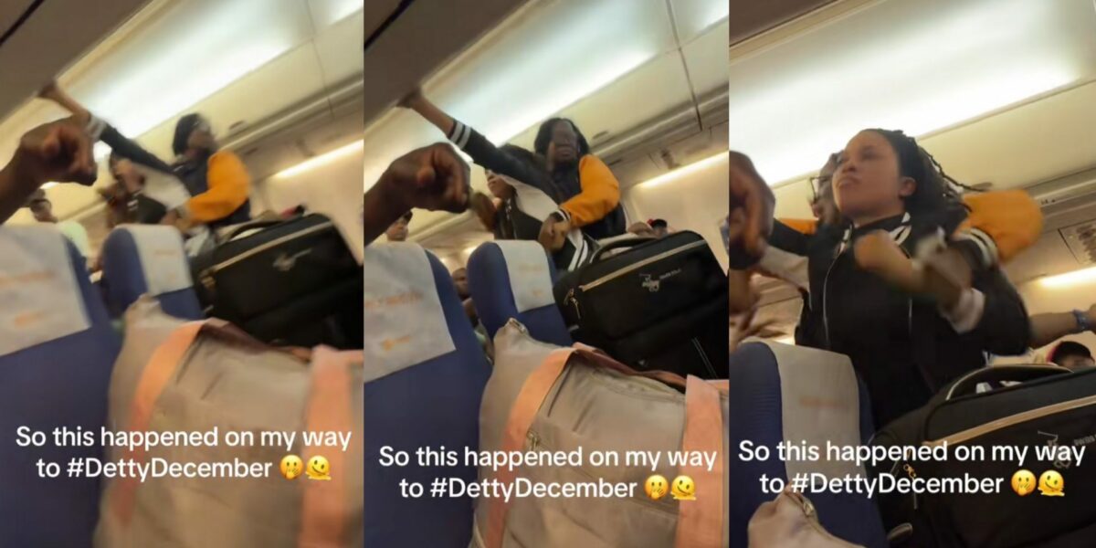 Two women clash on plane over overhead bin, video trends