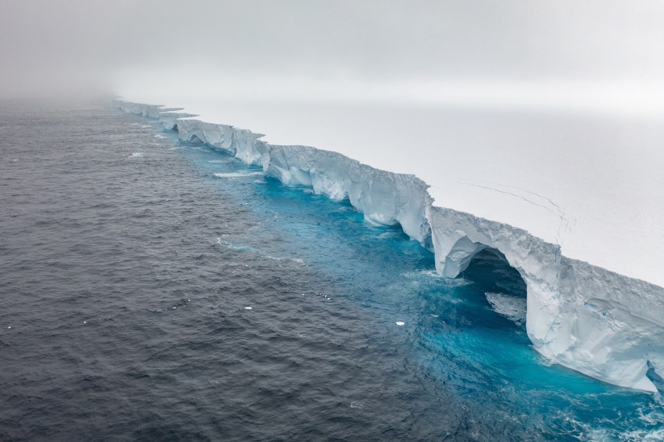 An aerial view of the mammoth A23a iceberg in the Southern Ocean off Antarctica