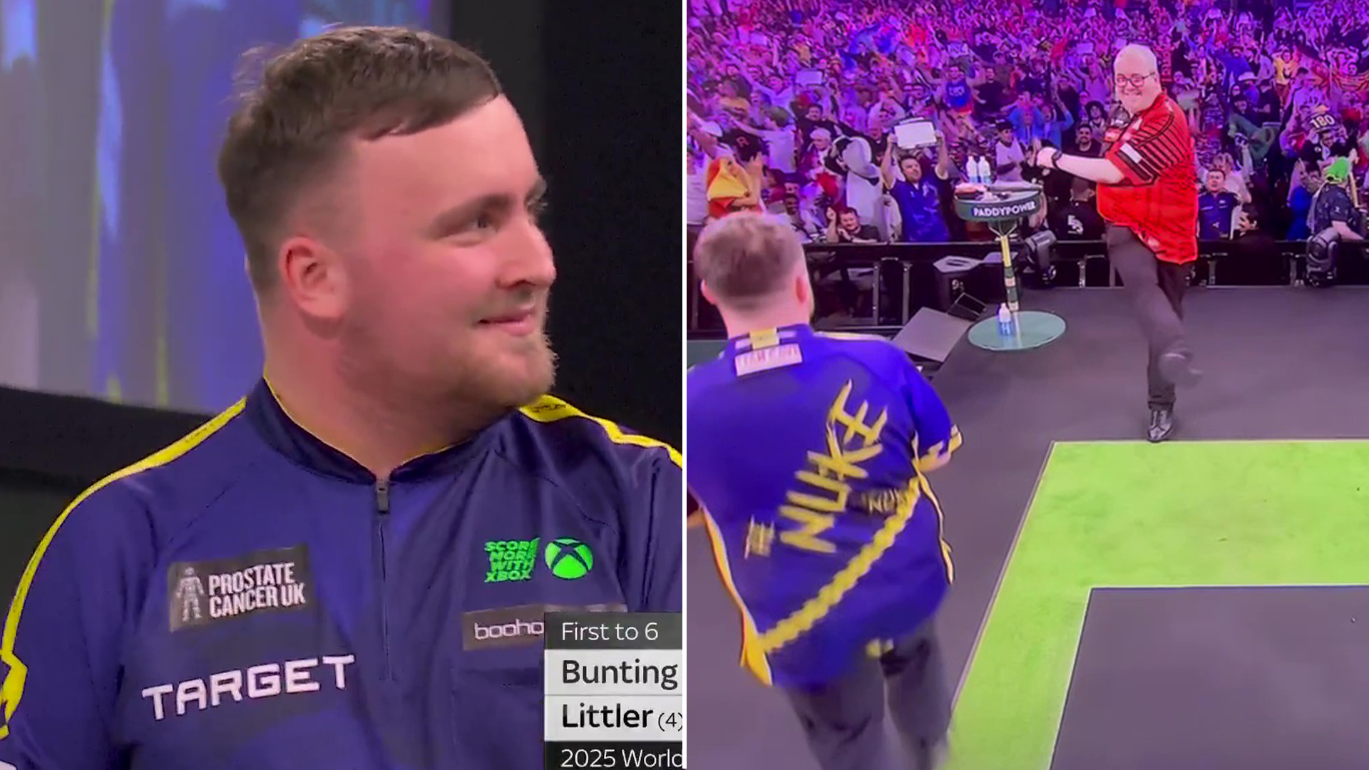 Stephen Bunting hilariously KICKS out at Luke Littler on stage as he's left flabbergasted by ridiculous Big Fish finish