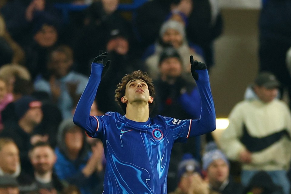 Joao Felix celebrates scoring a goal for Chelsea.