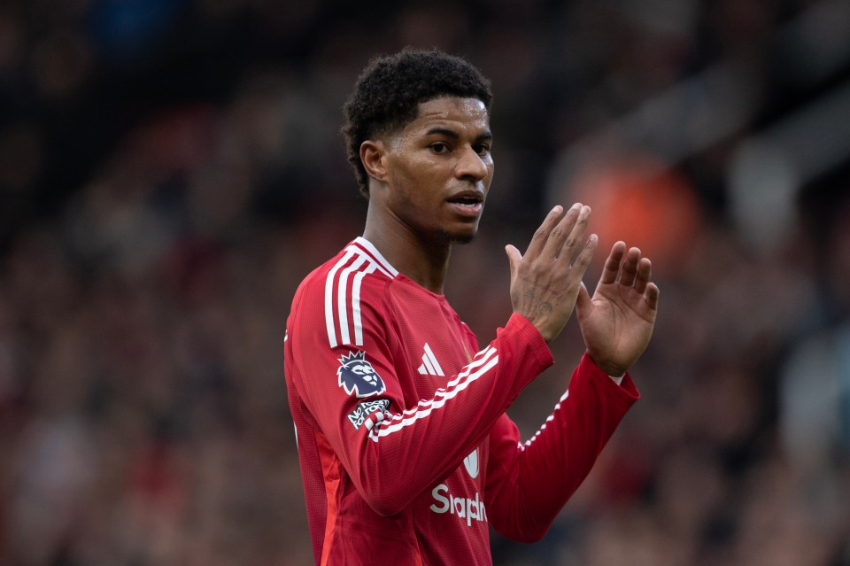 Marcus Rashford of Manchester United reacting during a soccer match.