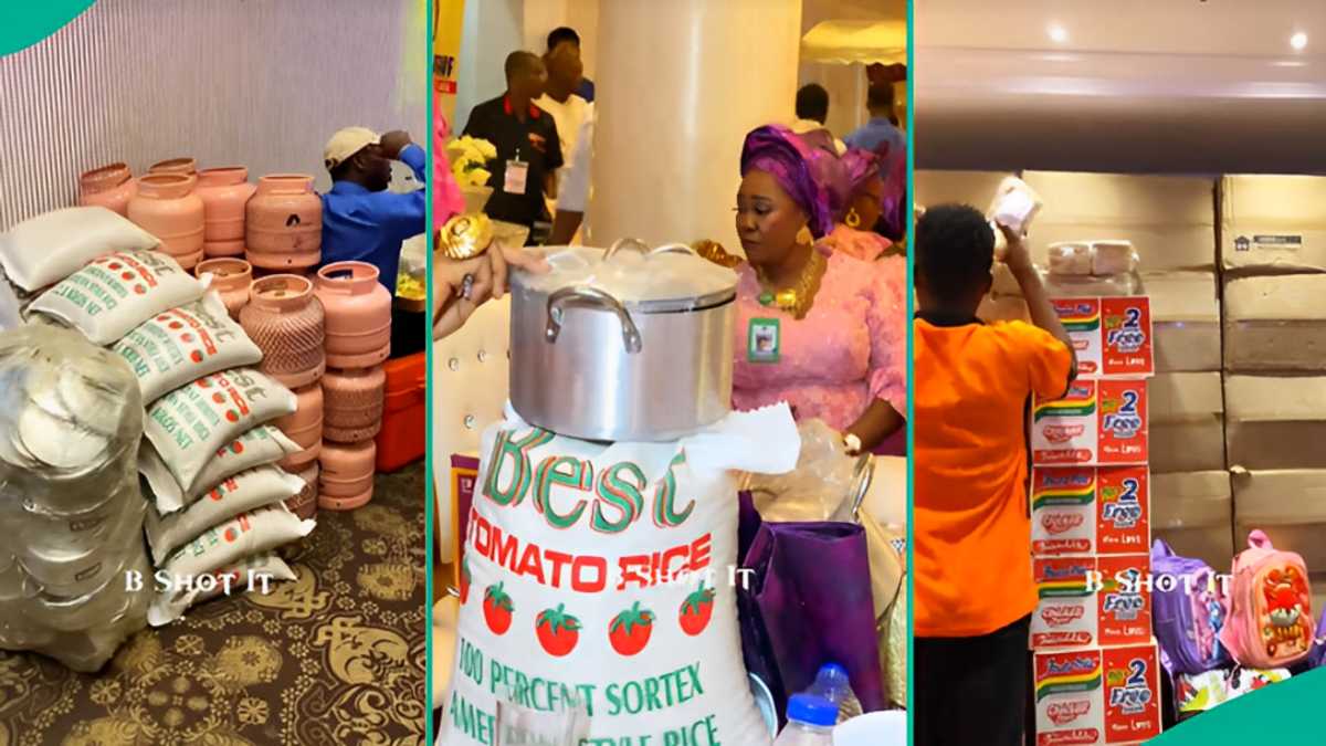 Bride's Mother Gives Bags of Rice, Gas Cylinders, Cartons of Noodles to Wedding Guests as Souvenir